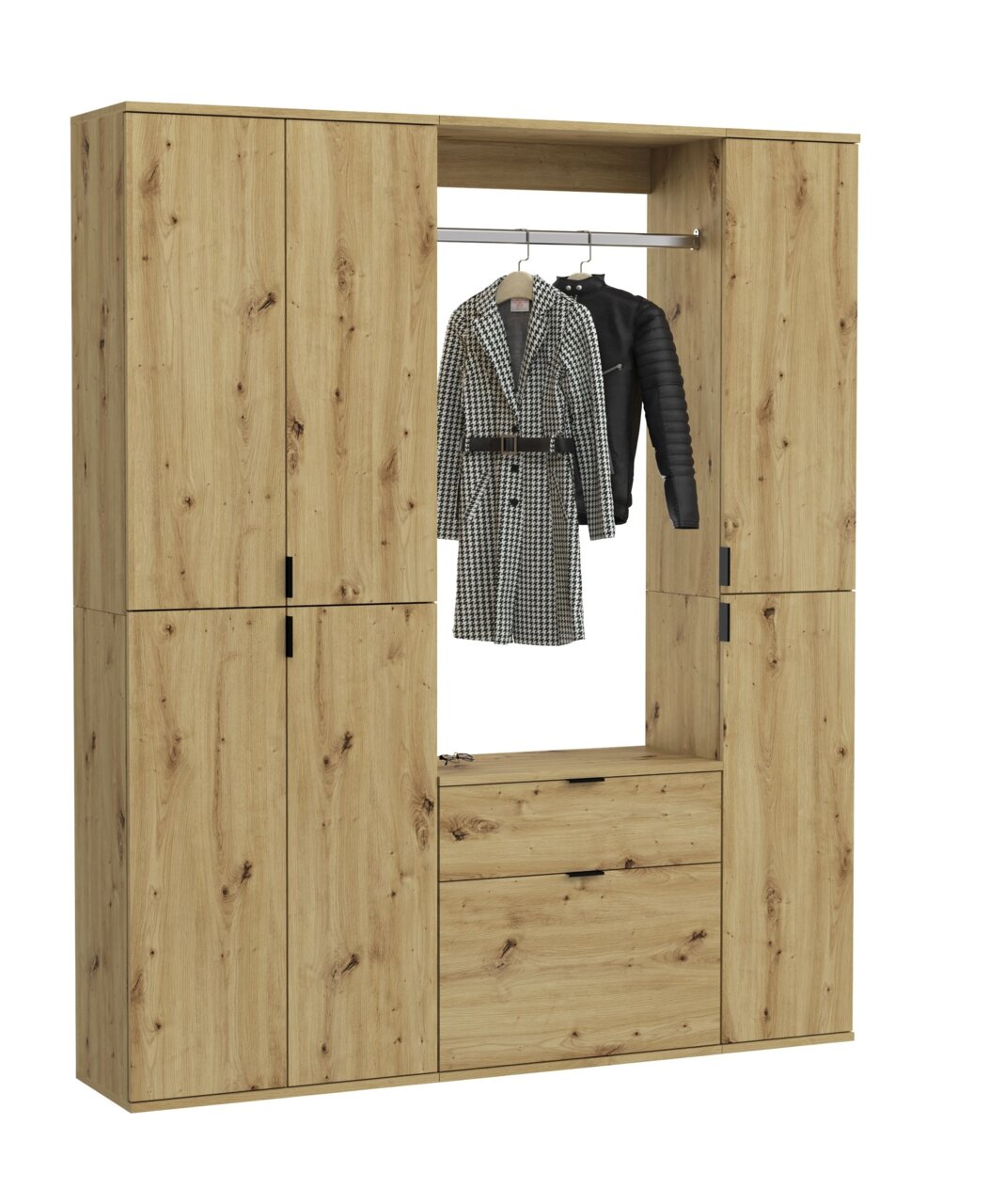 Garderobenkombination aus Holz in Frontansicht mit mehreren Schränken und einer Kleiderstange, auf der Mäntel hängen.
