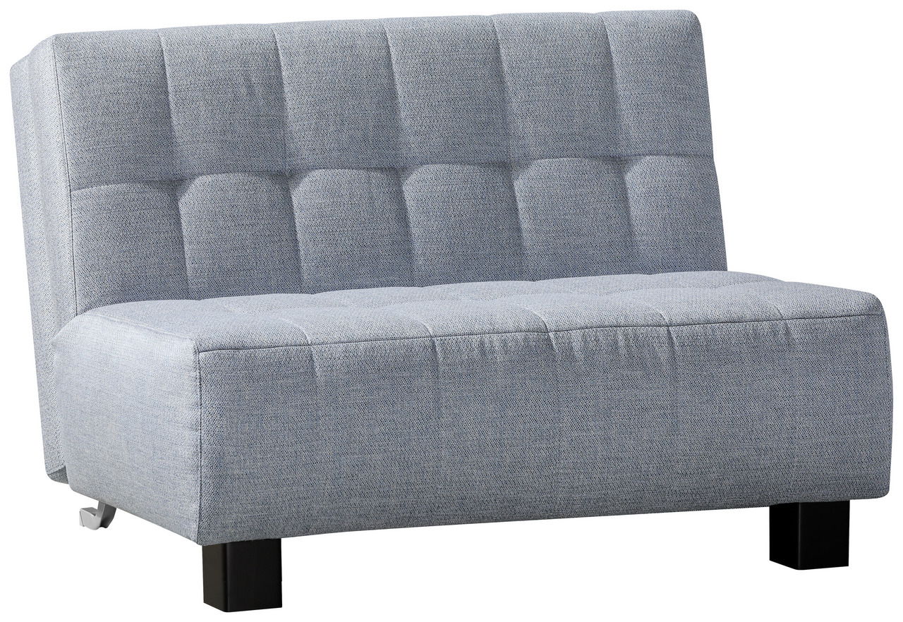 Graues Faltbett in Frontansicht mit gepolstertem Design und schwarzen Beinen.