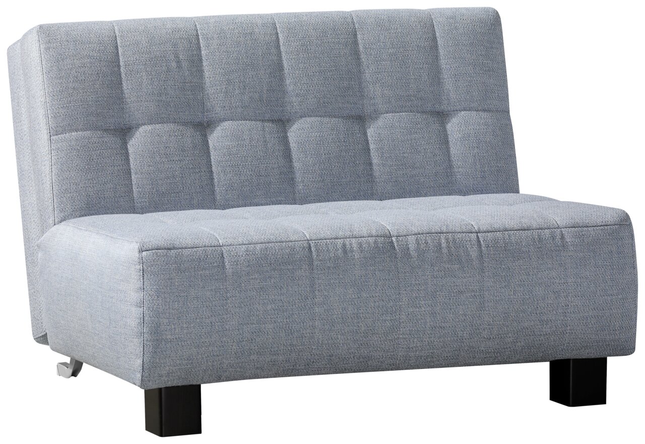 Graues Faltbett in Frontansicht mit gepolstertem Design und schwarzen Beinen.