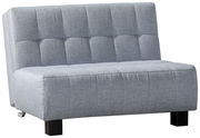Graues Faltbett in Frontansicht mit gepolstertem Design und schwarzen Beinen.