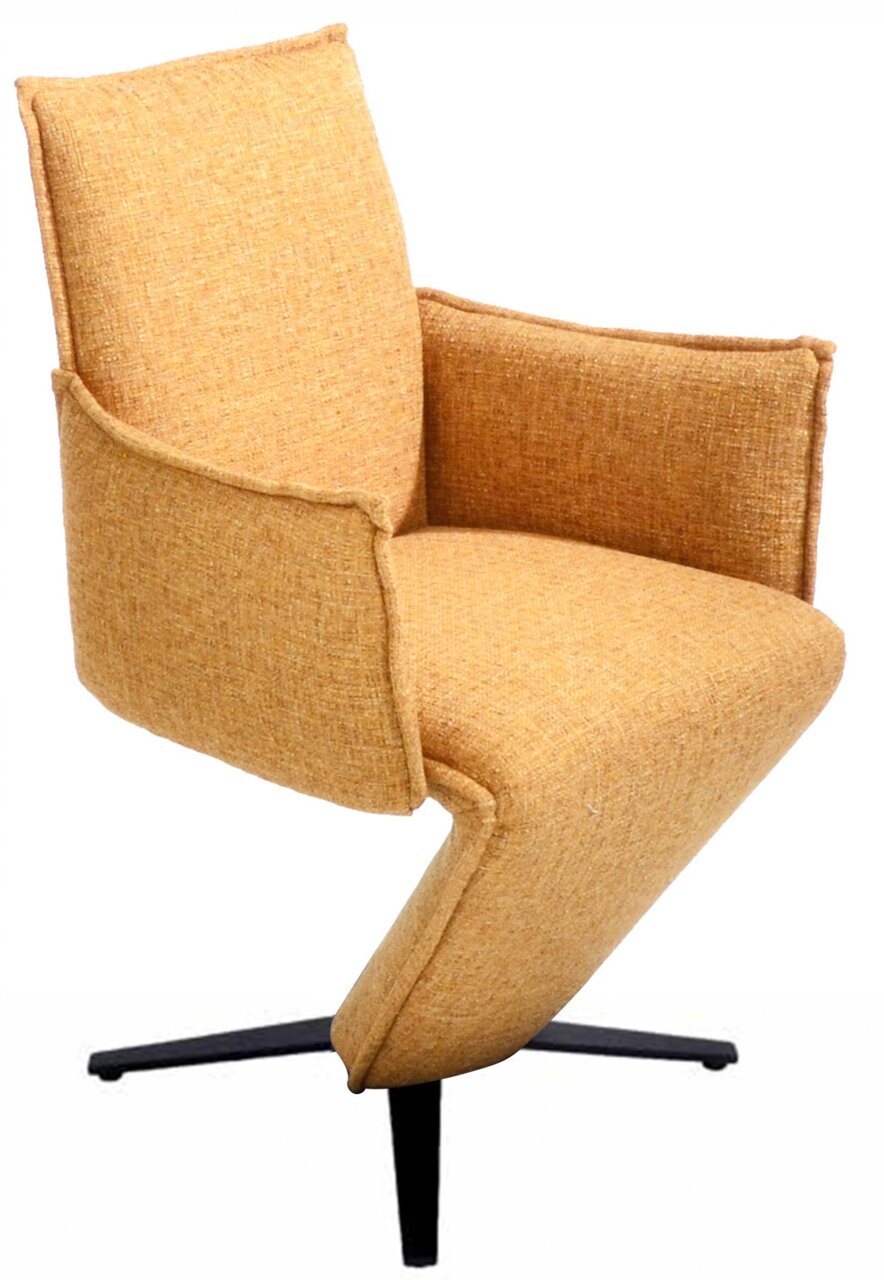 Moderne gele fauteuil met stoffen bekleding en een zwart metalen onderstel, zijaanzicht