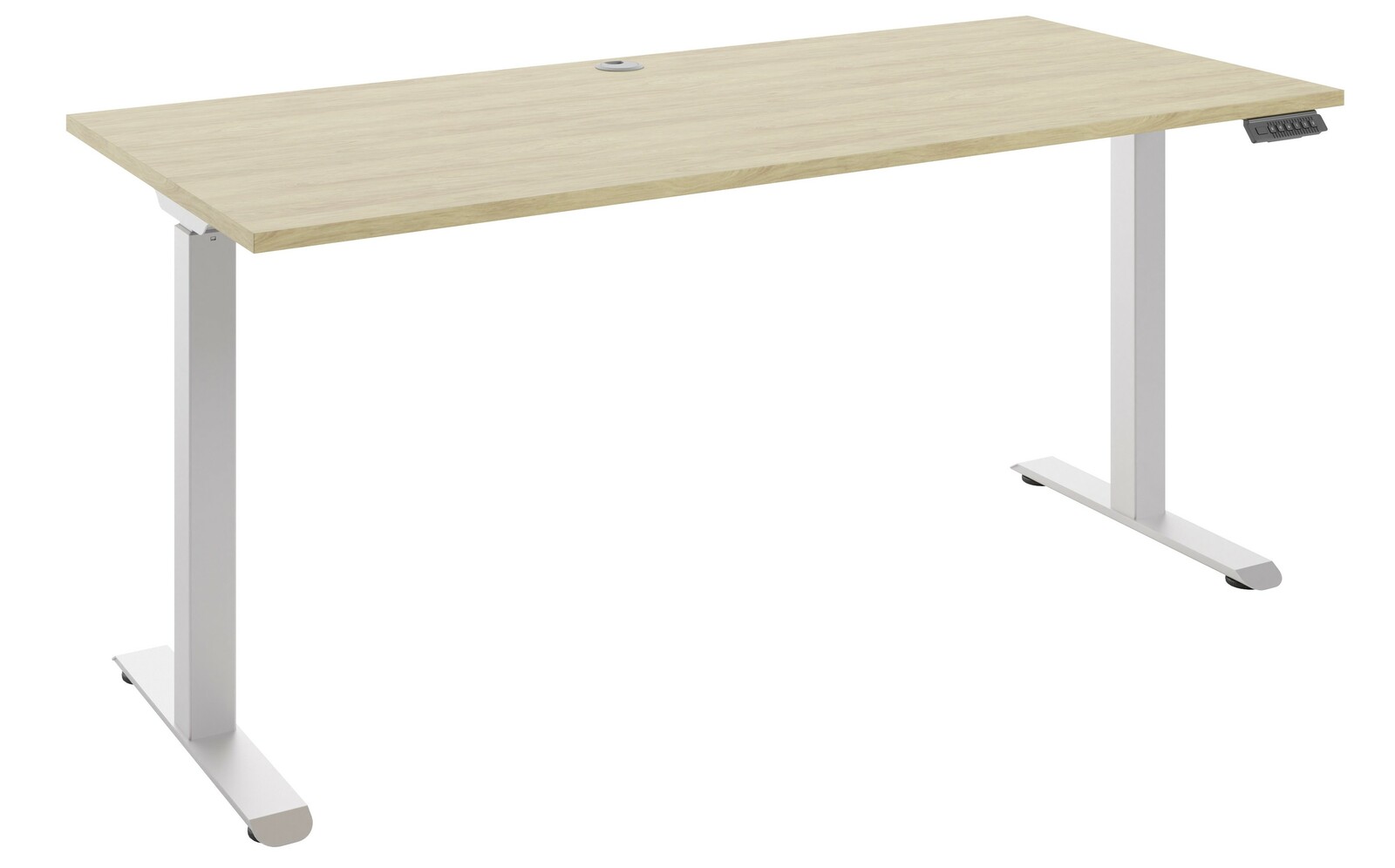 Manjana E-Schreibtisch 1-motorig OHIO Moderner höhenverstellbarer E-Schreibtisch mit heller Holzoberfläche und weißem Metallgestell, seitliche Perspektive