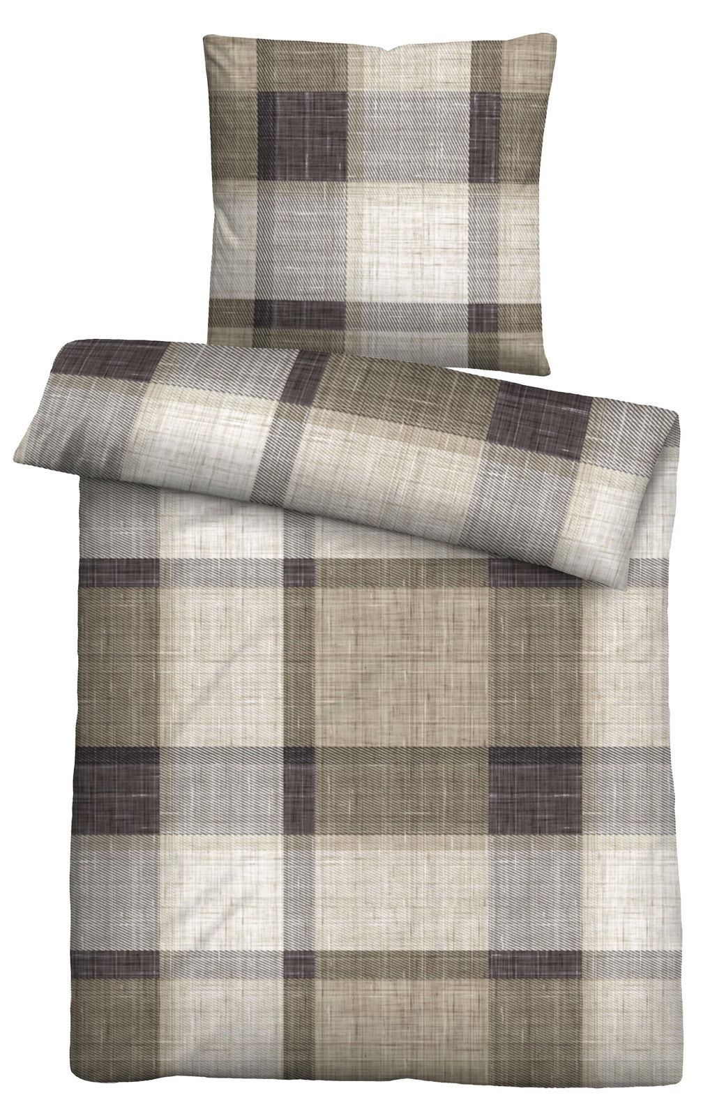 Bettwäsche-Set mit kariertem Muster in Beige- und Brauntönen, Ansicht von oben