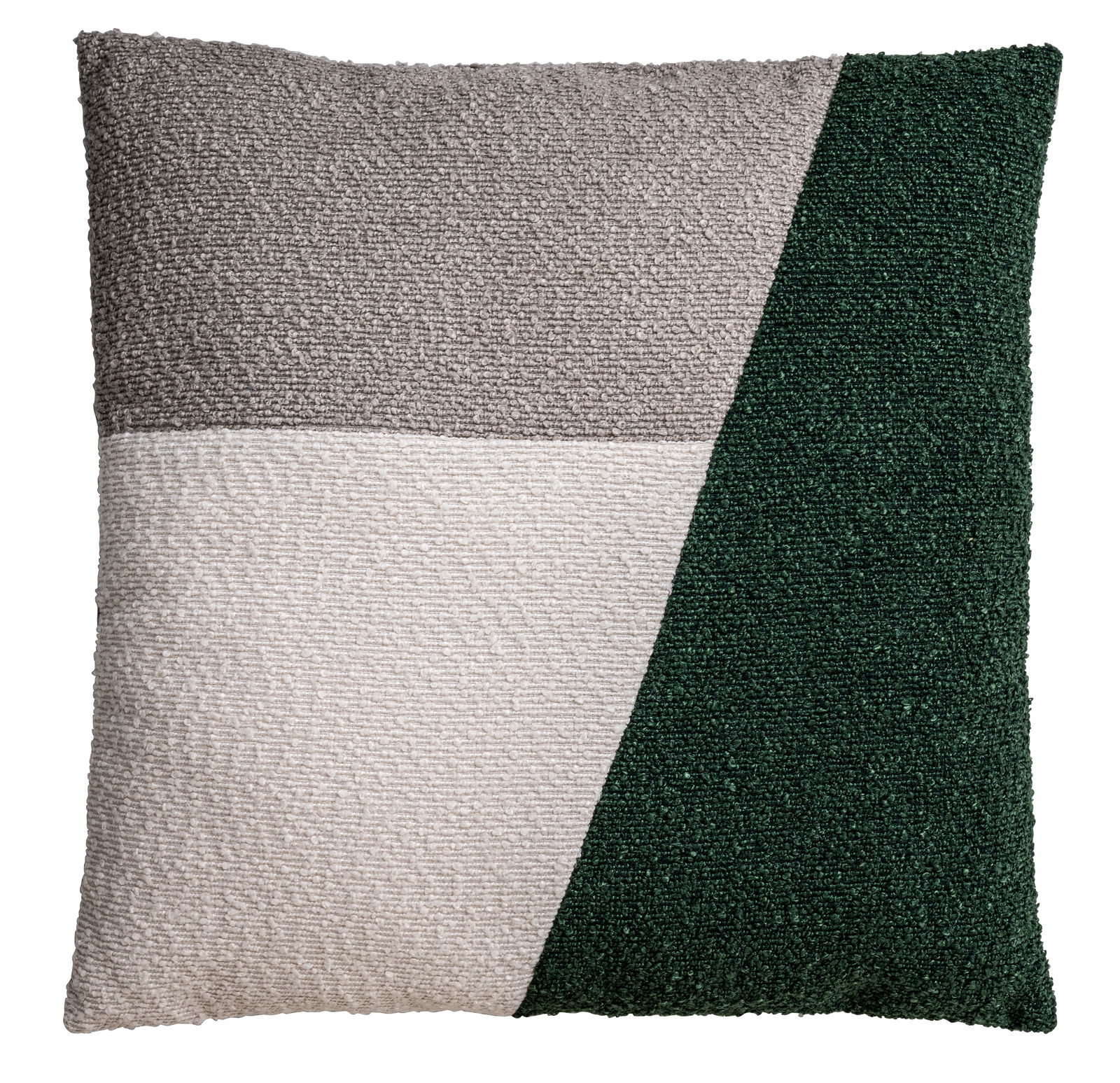 Linneweber Kissen BOUCLE PATCHWORK Dekoratives Kissen in Grau, Weiß und Grün mit geometrischem Muster, Vorderansicht
