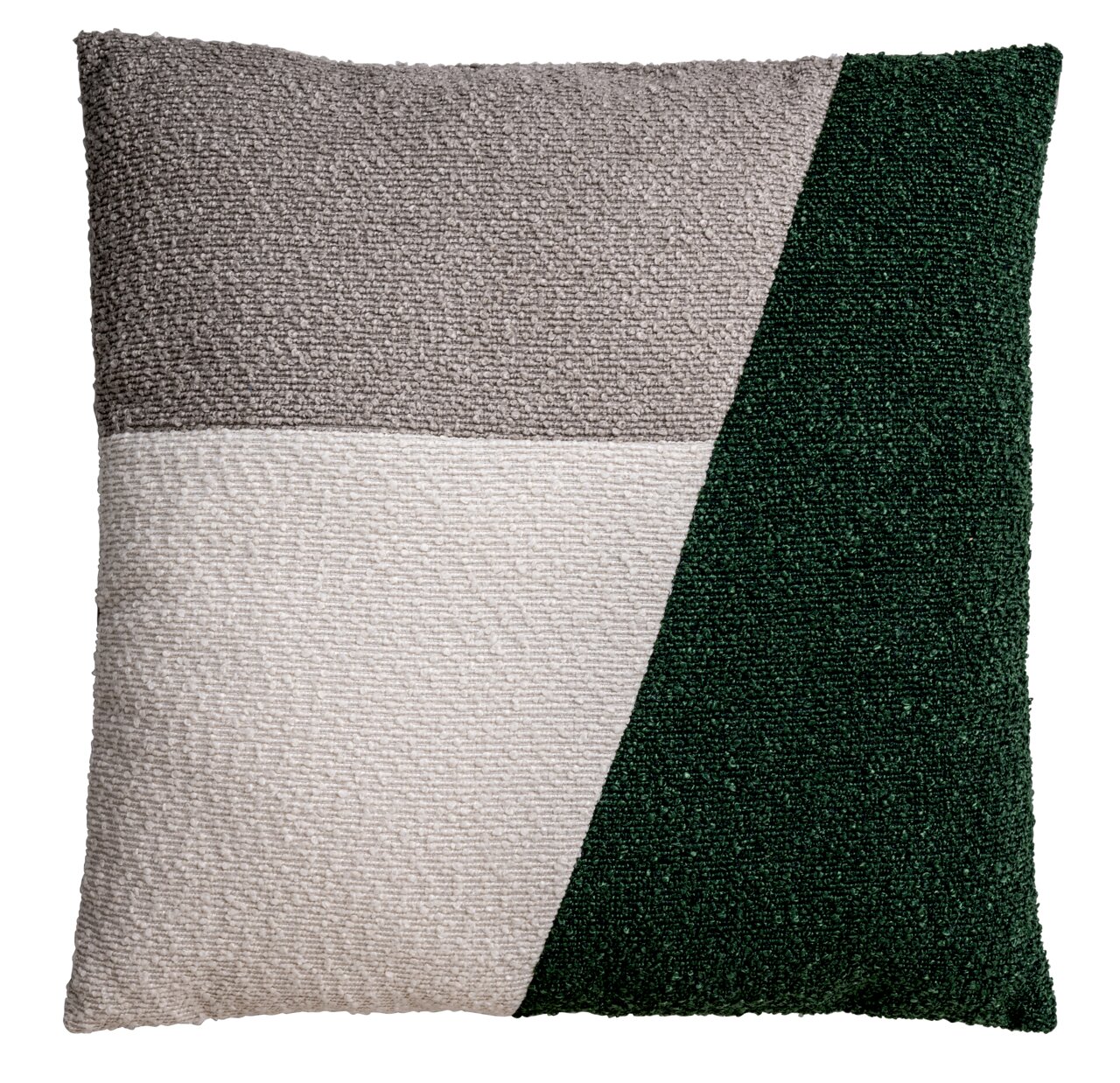 Linneweber Kussen BOUCLE PATCHWORK Sierkussen in grijs, wit en groen met een geometrisch patroon, vooraanzicht