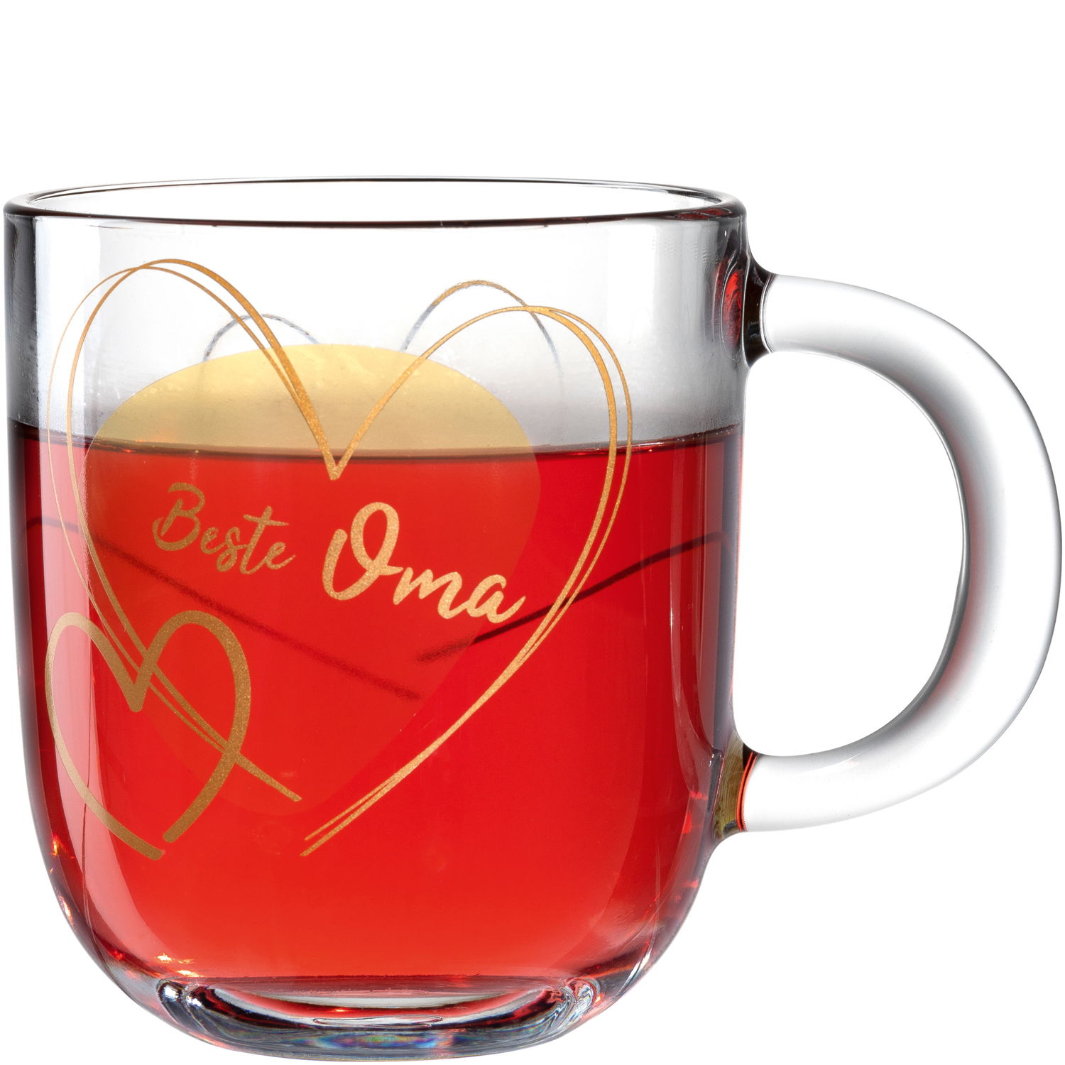 Glas-Tasse mit rotem Getränk und goldener Aufschrift 'Beste Oma', seitliche Perspektive