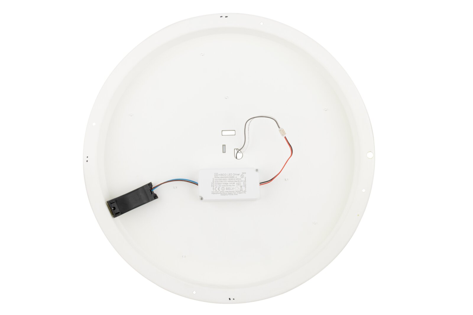 Achterzijde van een ronde witte LED-plafondlamp met LED-driver en bedrading, gezien van bovenaf (achteraanzicht) op een witte achtergrond