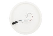 Achterzijde van een ronde witte LED-plafondlamp met LED-driver en bedrading, gezien van bovenaf (achteraanzicht) op een witte achtergrond