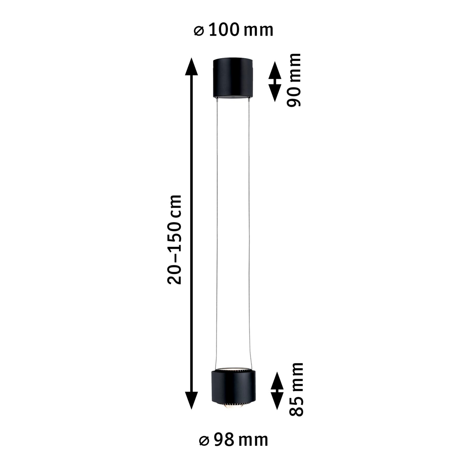 Schwarzes Schienenpendel Aldan, zylindrische Form, hängend von der Decke, seitliche Ansicht, Maße: 20-150 cm Länge, 100 mm und 98 mm Durchmesser.