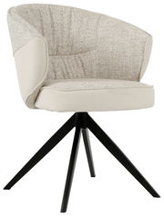 Moderner Armlehnstuhl mit beigem Stoffbezug und schwarzem Metallgestell, seitliche Perspektive