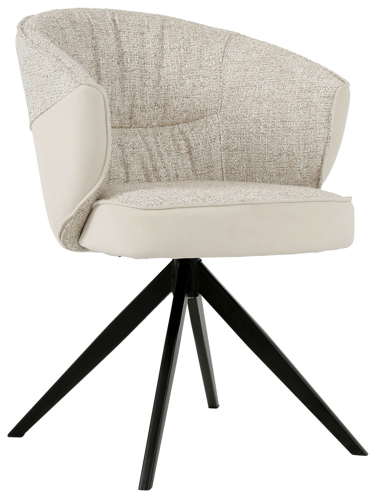 Moderner Armlehnstuhl mit beigem Stoffbezug und schwarzem Metallgestell, seitliche Perspektive