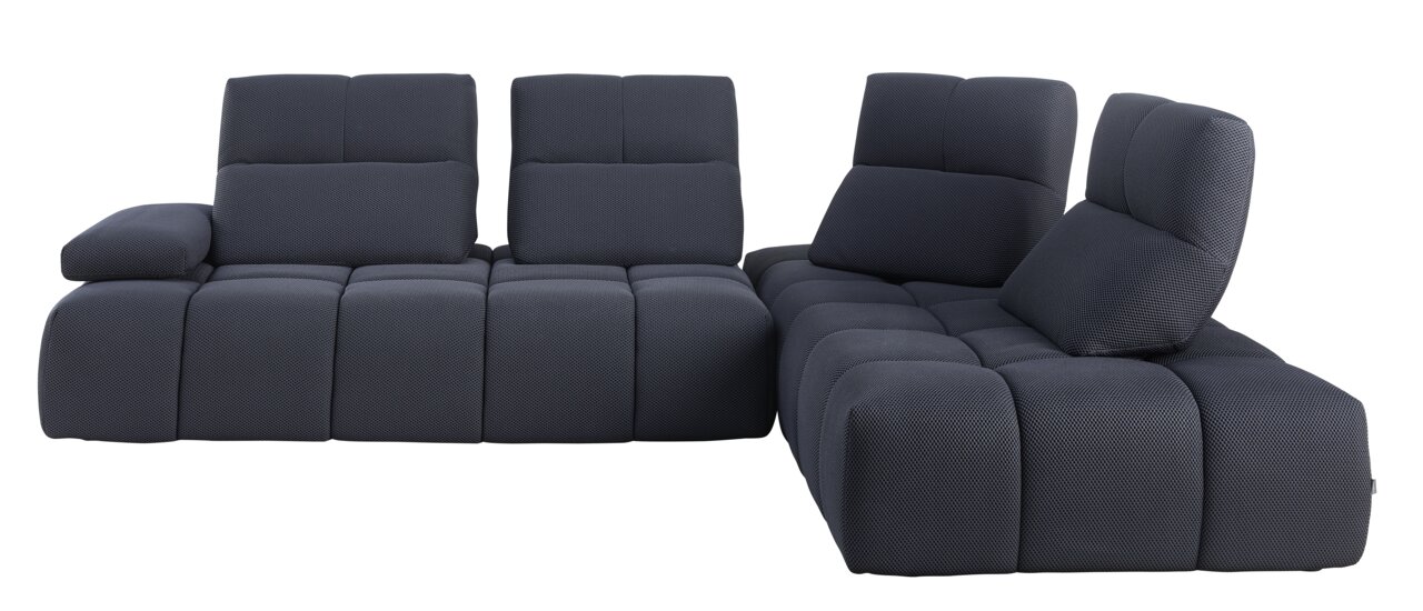 Moderne dunkelgraue Eckgarnitur mit verstellbaren Rückenlehnen, Vorderansicht