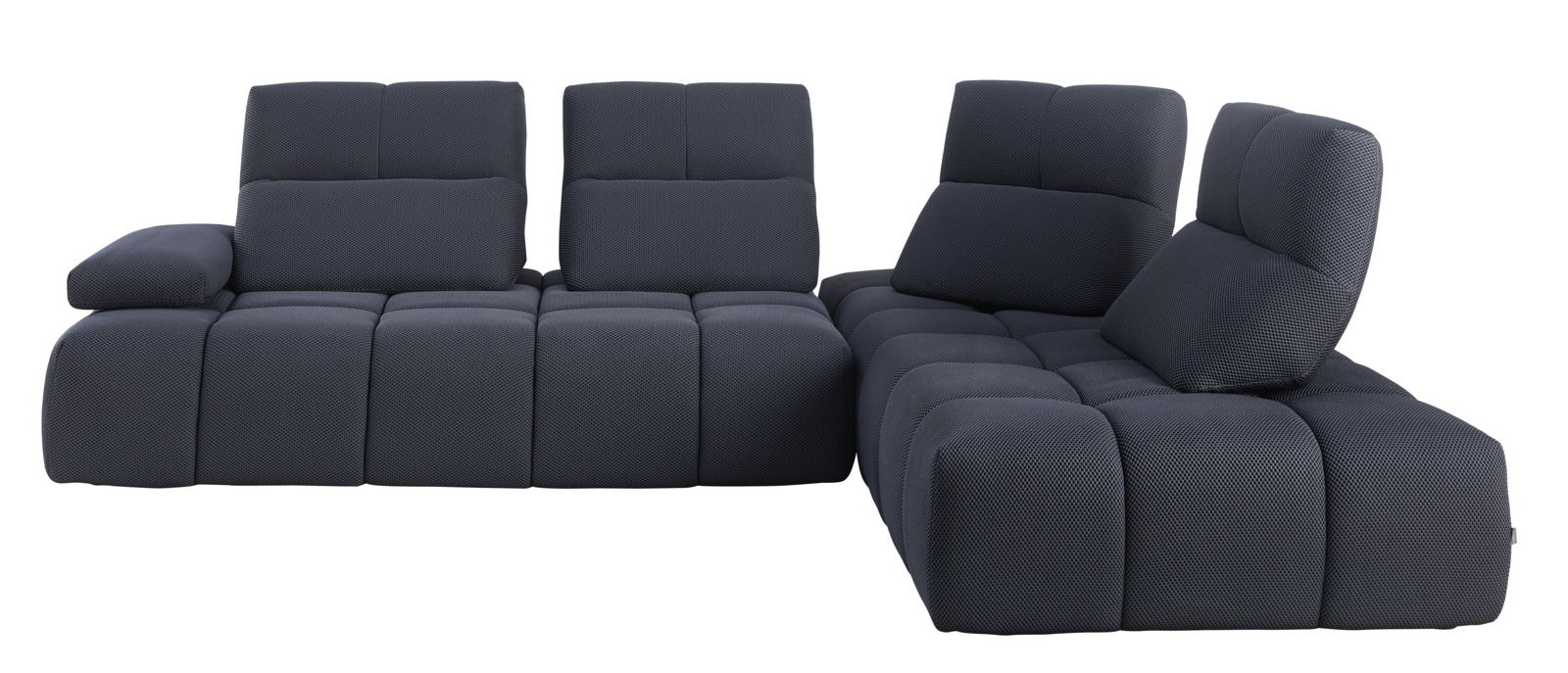 Moderne dunkelgraue Eckgarnitur mit verstellbaren Rückenlehnen, Vorderansicht