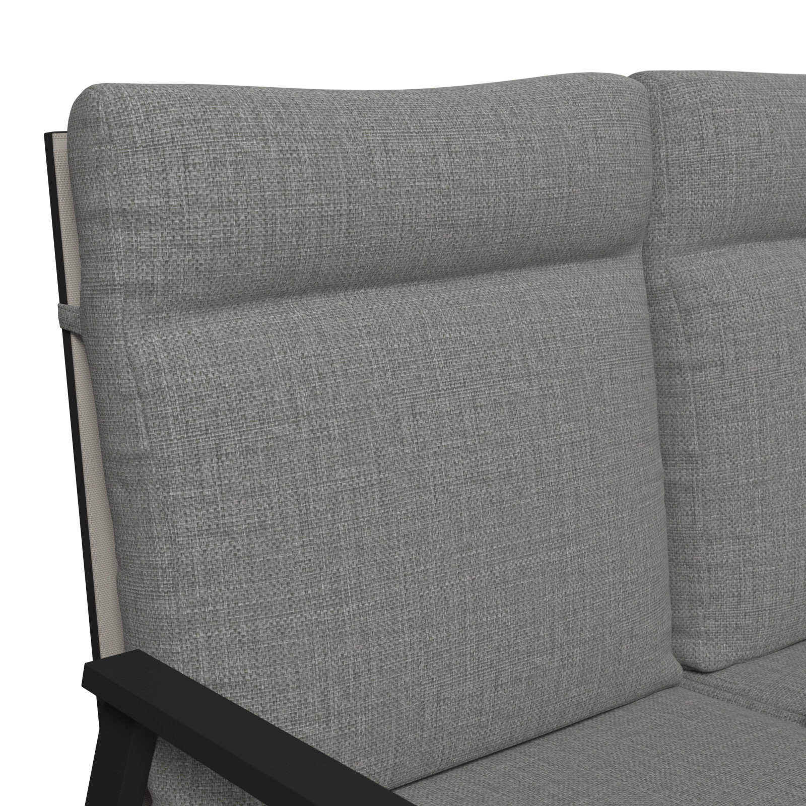 Nahaufnahme einer grauen Gartenbank mit gepolsterten Kissen und schwarzem Metallrahmen, seitliche Perspektive