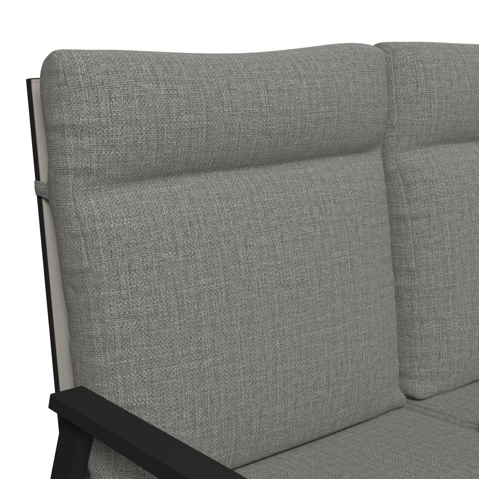 Nahaufnahme einer grauen Gartenbank mit gepolsterten Kissen und schwarzem Metallrahmen, seitliche Perspektive