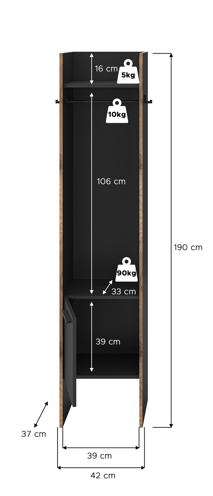 Hoher Garderobenschrank in Holzoptik mit schwarzem Innenraum, Kleiderstange und Ablagefächern, Maßangaben und Belastbarkeit (5 kg/10 kg/90 kg) eingeblendet, Frontansicht.