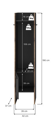 Hoher Garderobenschrank in Holzoptik mit schwarzem Innenraum, Kleiderstange und Ablagefächern, Maßangaben und Belastbarkeit (5 kg/10 kg/90 kg) eingeblendet, Frontansicht.