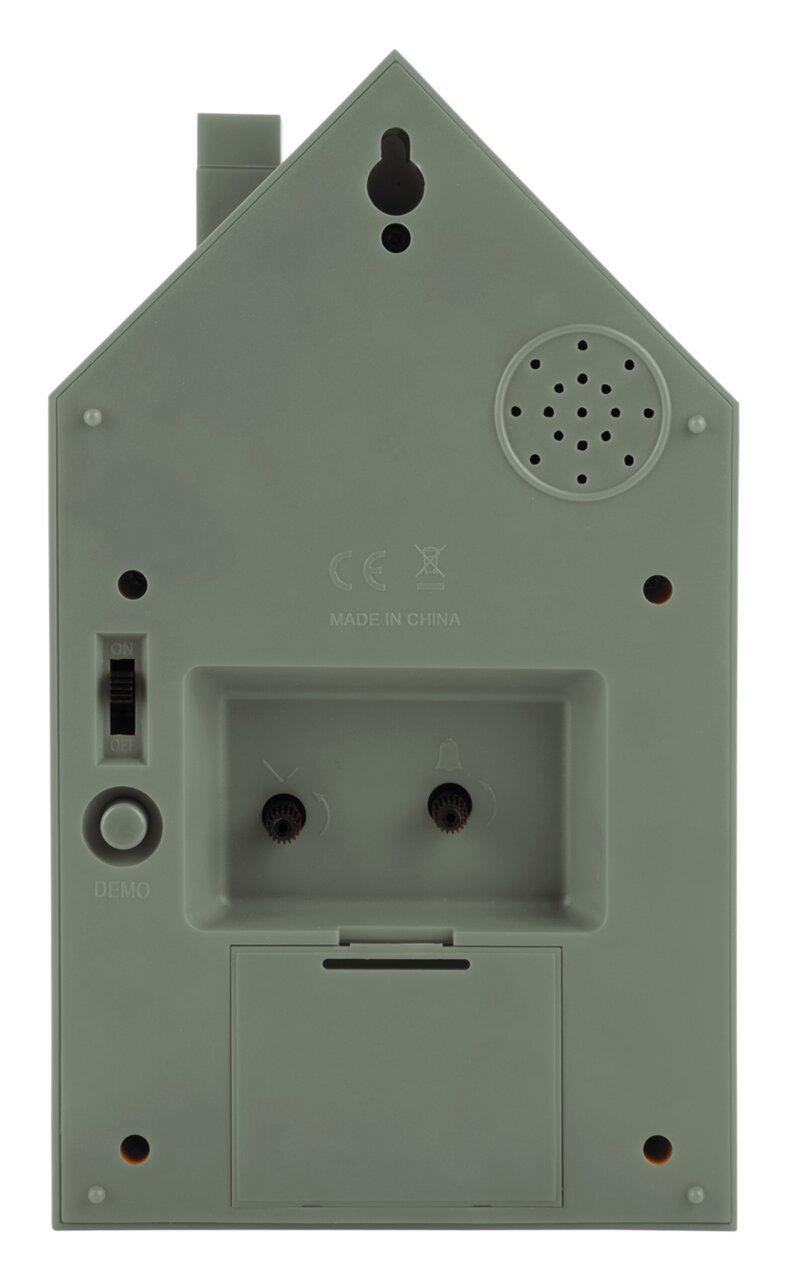 Rückansicht eines modernen KARLSSON Weckers in Hausform mit Bedienelementen und Lautsprecher.