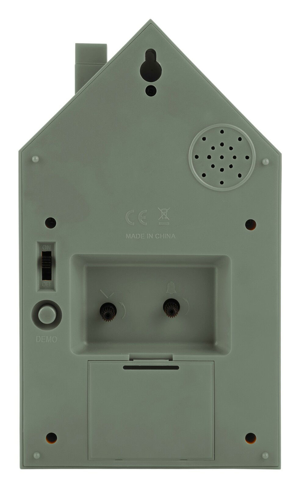 Rückansicht eines modernen KARLSSON Weckers in Hausform mit Bedienelementen und Lautsprecher.