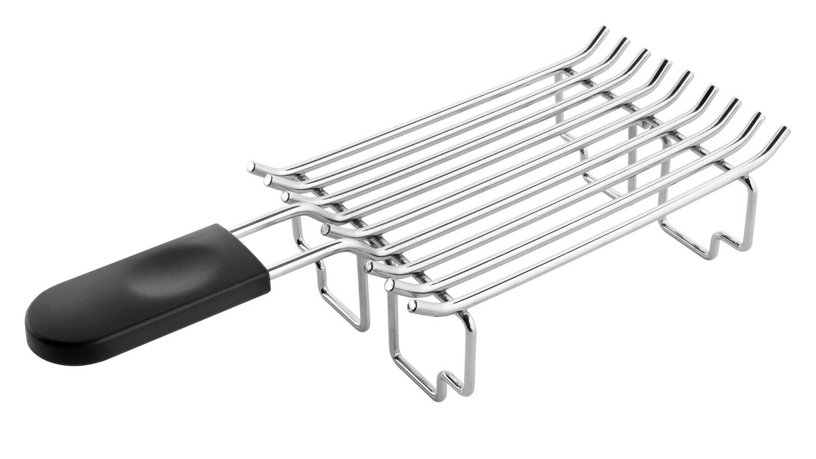 Brötchenaufsatz aus Metall mit schwarzem Griff, seitliche Perspektive