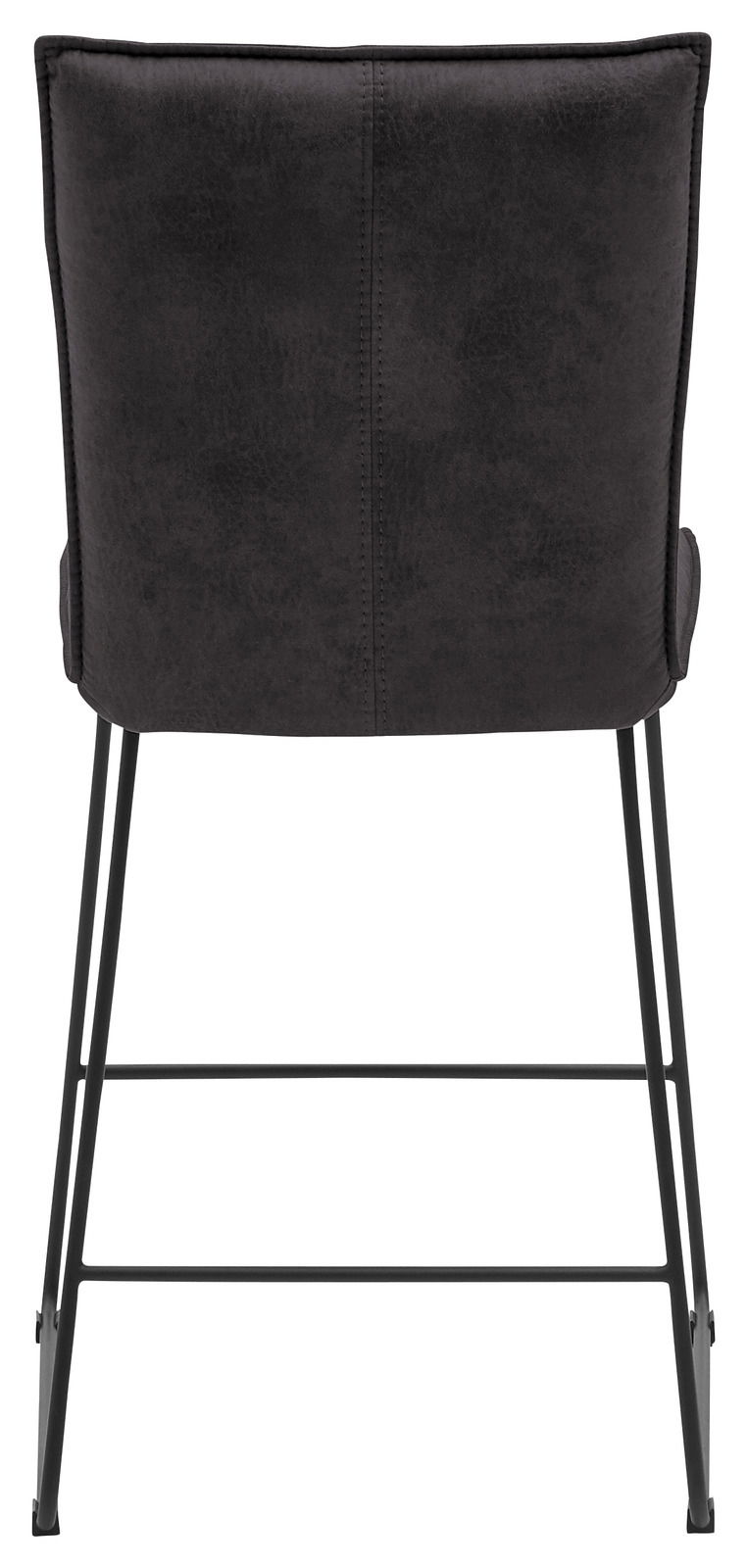 Rückansicht eines schwarzen Tresenstuhls mit Metallbeinen