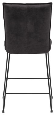 Rückansicht eines schwarzen Tresenstuhls mit Metallbeinen