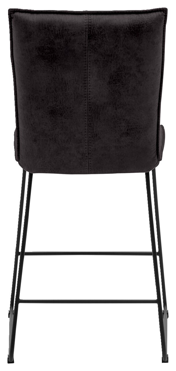 Rückansicht eines schwarzen Tresenstuhls mit Metallbeinen