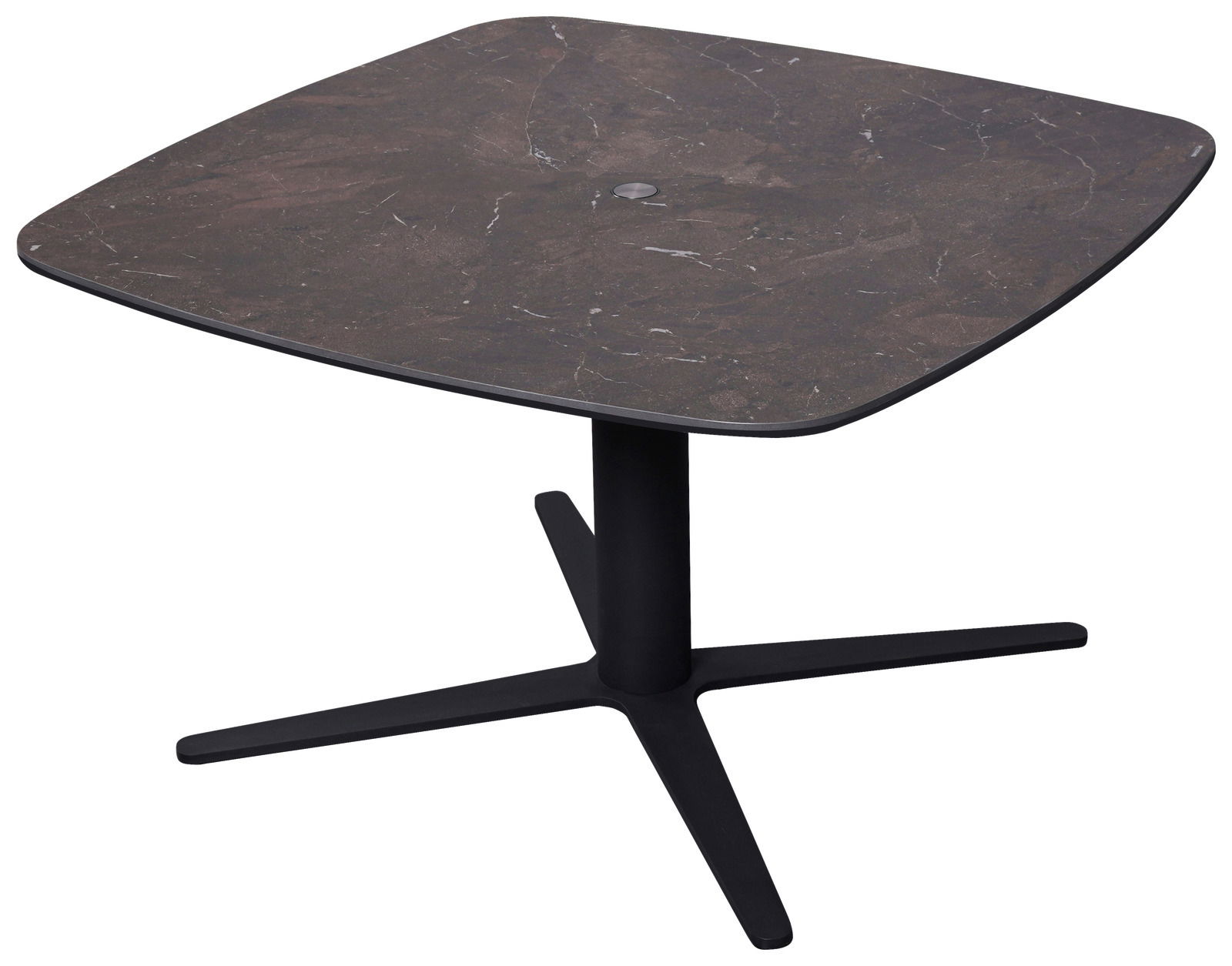 Moderner Couchtisch mit quadratischer, dunkler Tischplatte und schwarzem, kreuzförmigem Fußgestell, seitliche Perspektive.