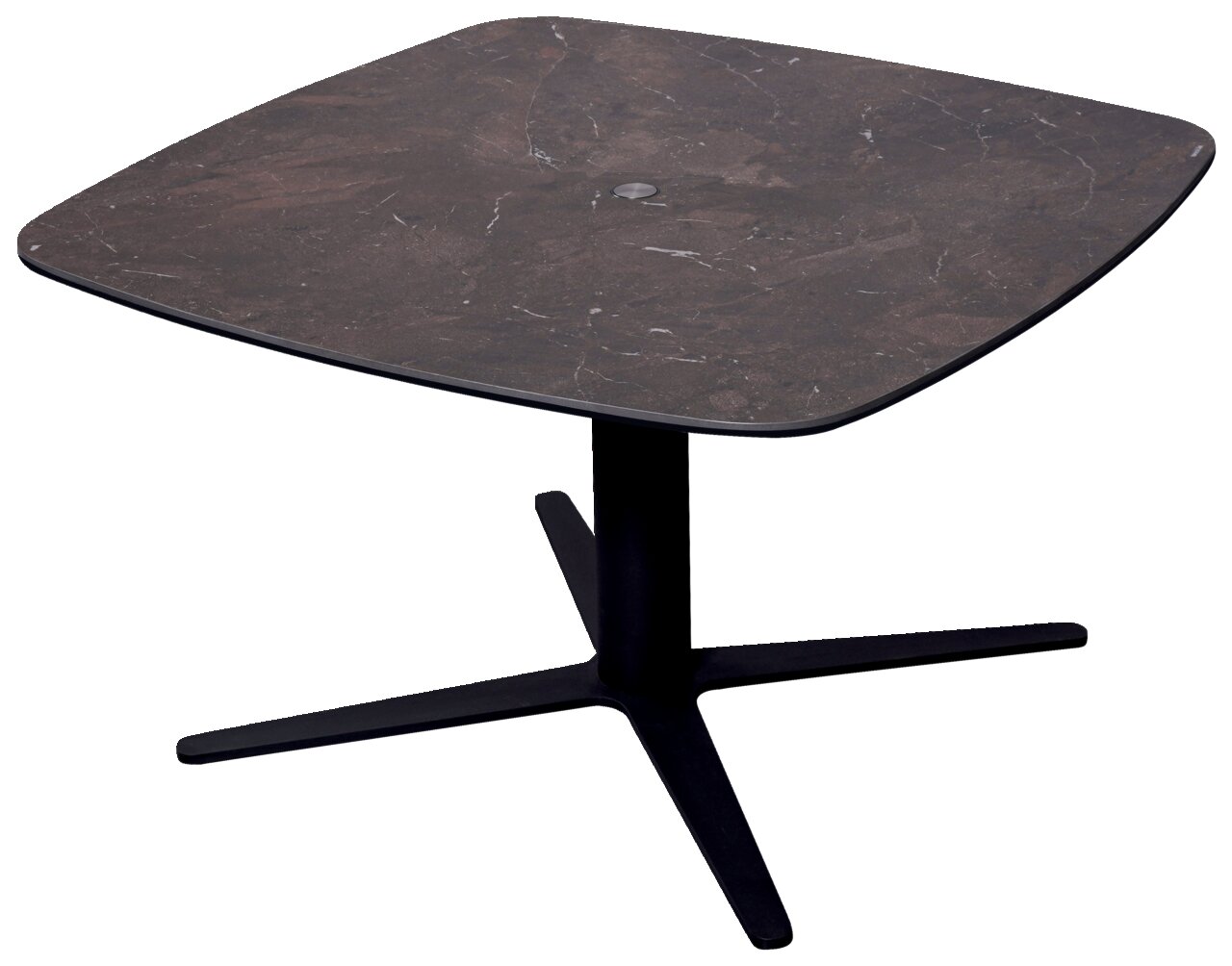 Moderne salontafel met een vierkant, donker tafelblad en een zwart, kruisvormig onderstel, gezien vanaf de zijkant.