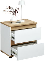 Nachtkommode mit zwei offenen Schubladen, Holzoberfläche, dekoriert mit einer Vase und einer Lampe, seitliche Perspektive