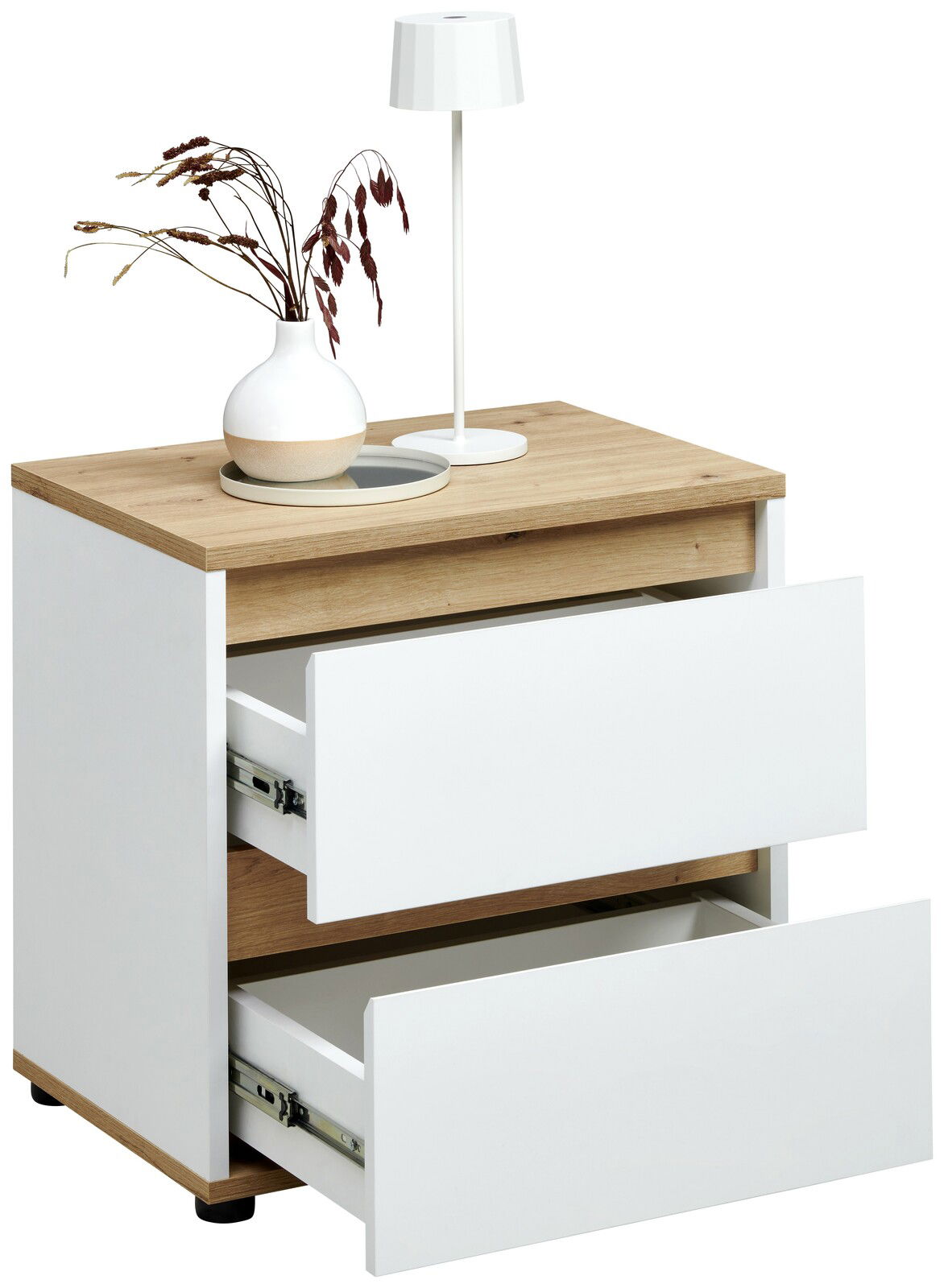 Nachtkommode mit zwei offenen Schubladen, Holzoberfläche, dekoriert mit einer Vase und einer Lampe, seitliche Perspektive