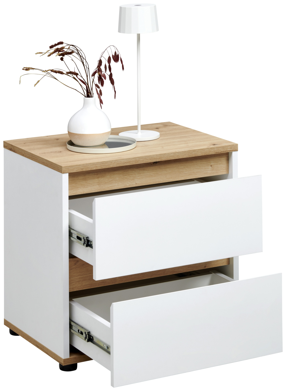 Carryhome Nachtkommode MALEA Nachtkommode mit zwei offenen Schubladen, Holzoberfläche, dekoriert mit einer Vase und einer Lampe, seitliche Perspektive