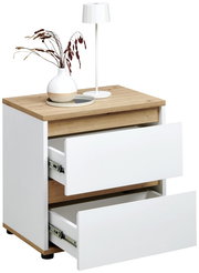 Nachtkommode mit zwei offenen Schubladen, Holzoberfläche, dekoriert mit einer Vase und einer Lampe, seitliche Perspektive