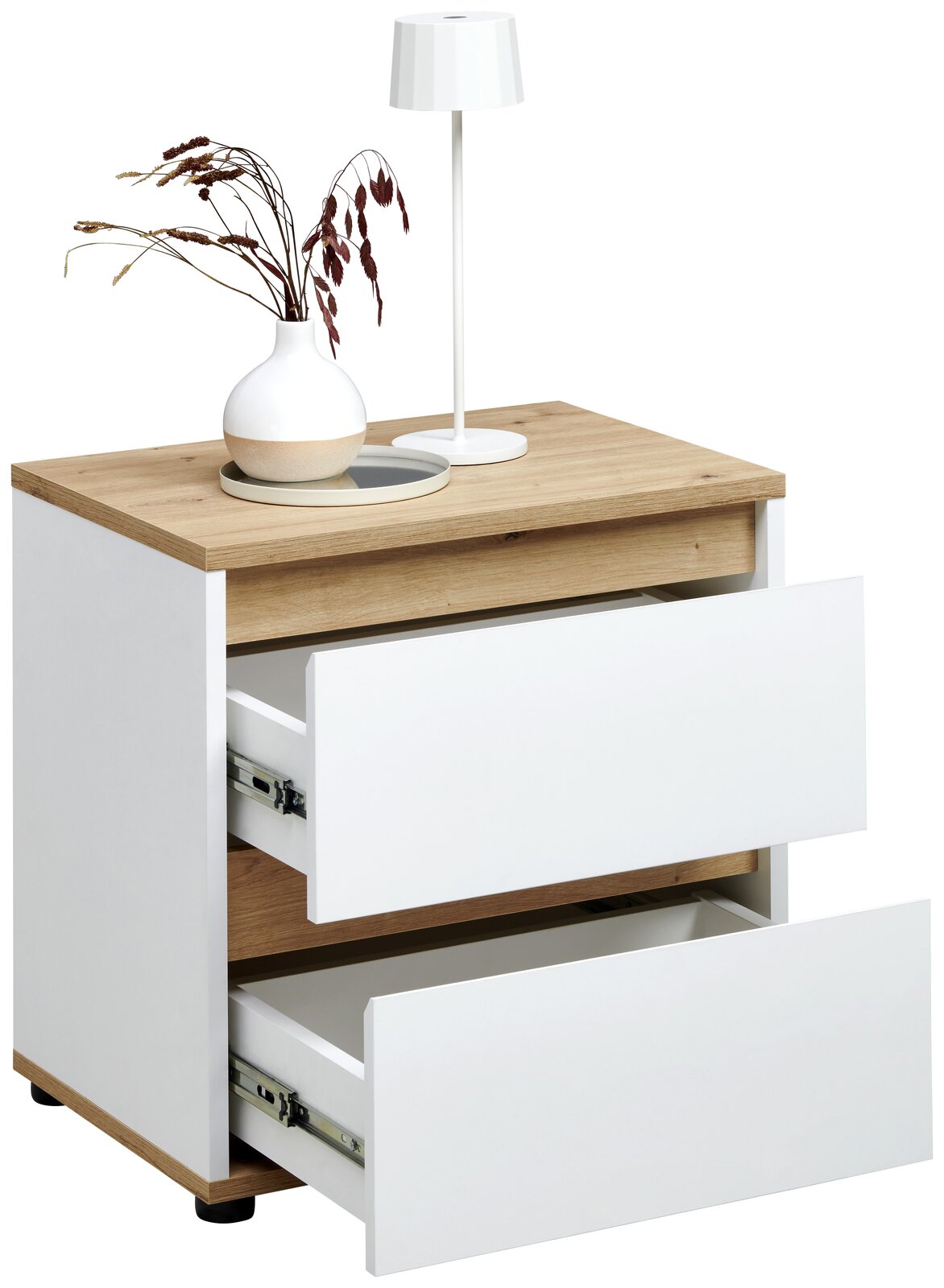 Nachtkommode mit zwei offenen Schubladen, Holzoberfläche, dekoriert mit einer Vase und einer Lampe, seitliche Perspektive