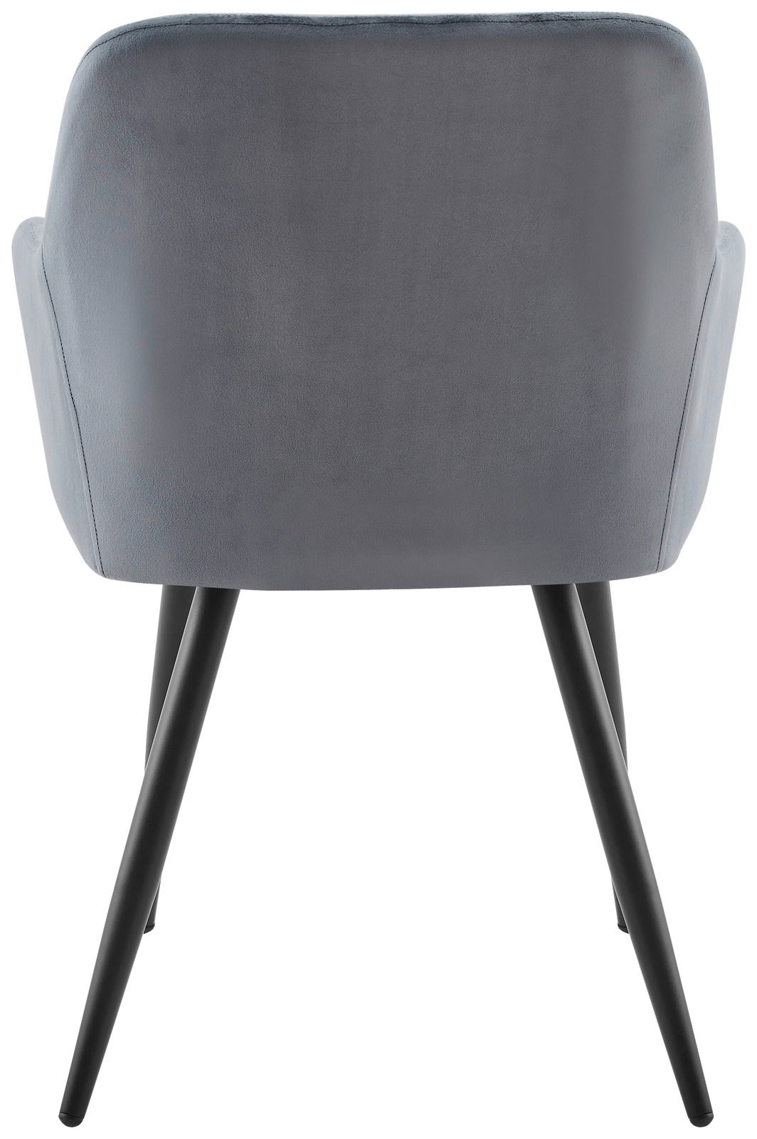 Rückansicht eines grauen Armlehnstuhls mit schwarzen Beinen