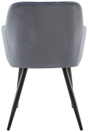 Rückansicht eines grauen Armlehnstuhls mit schwarzen Beinen