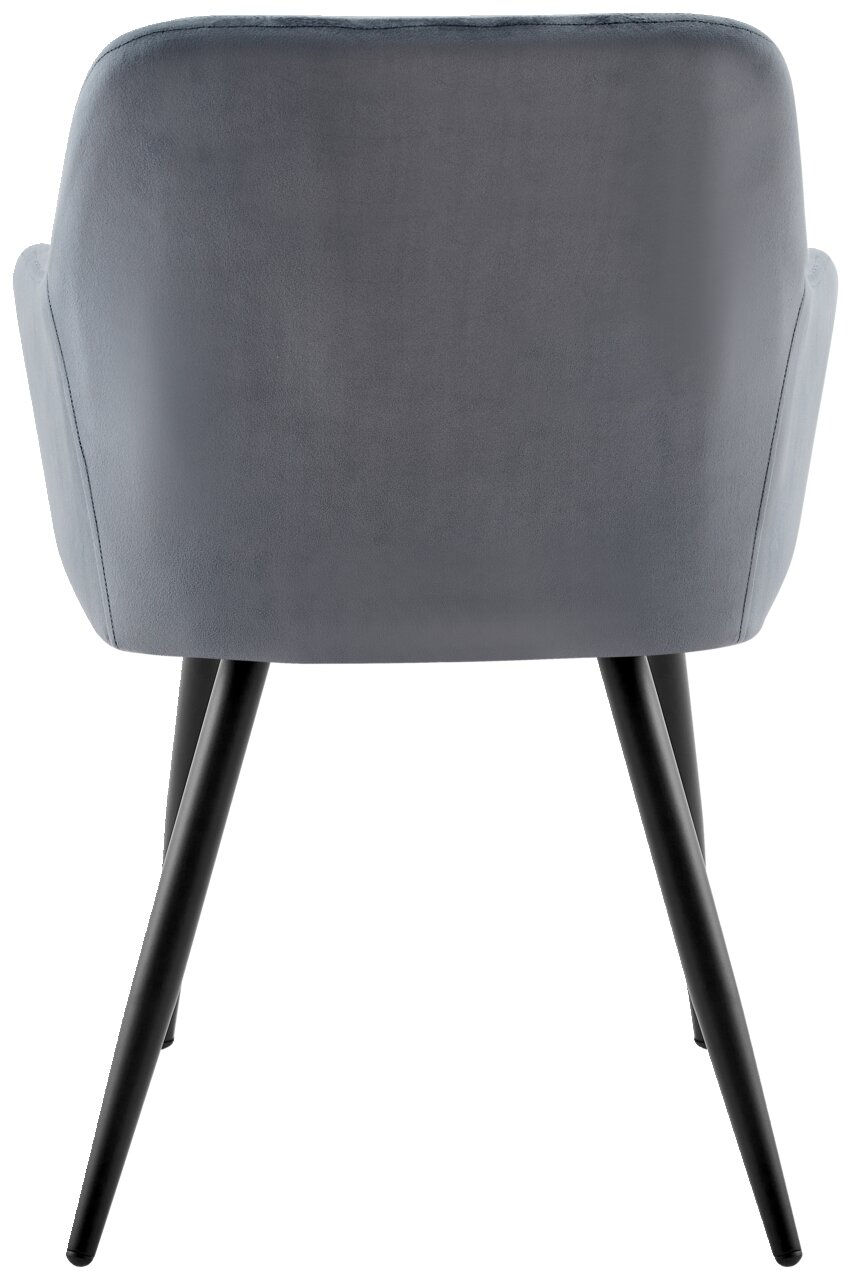 Achterkant van een grijze fauteuil met zwarte poten