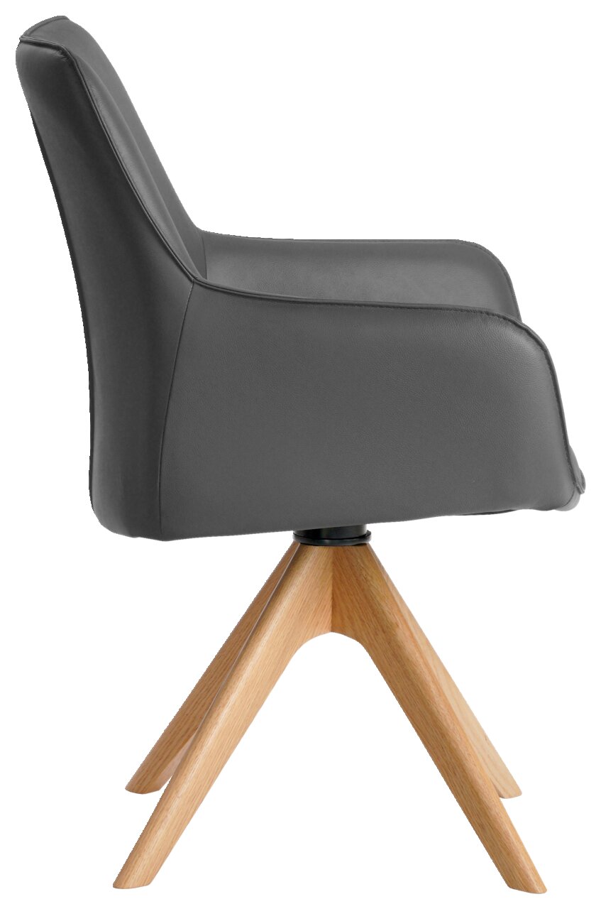 Zijaanzicht van een moderne fauteuil met grijze bekleding en houten poten.
