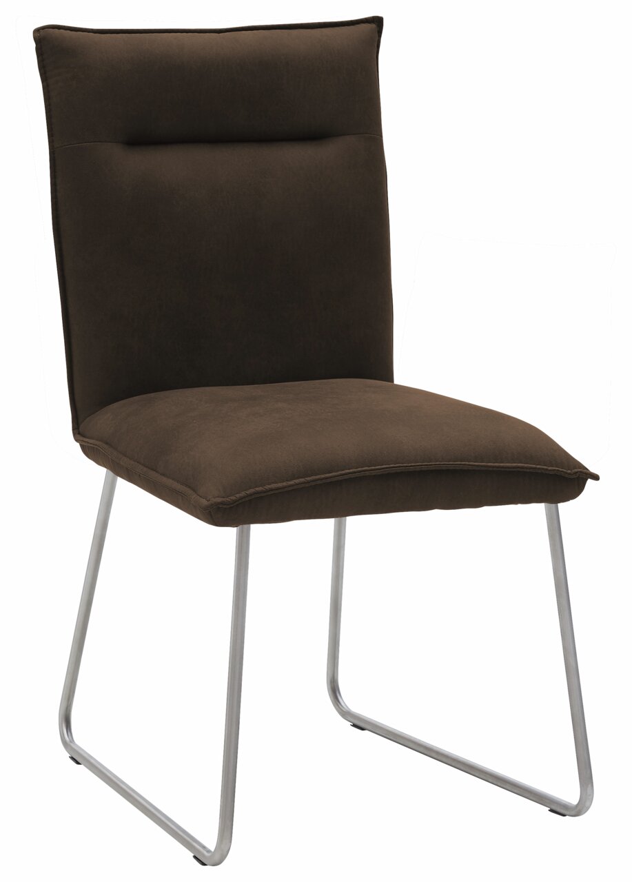 Moderner brauner Stuhl mit Metallbeinen, seitliche Perspektive
