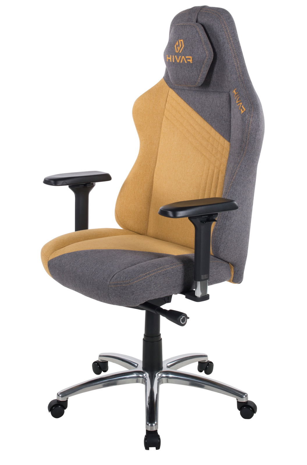 Gaming Stuhl in Grau und Gelb, seitliche Perspektive