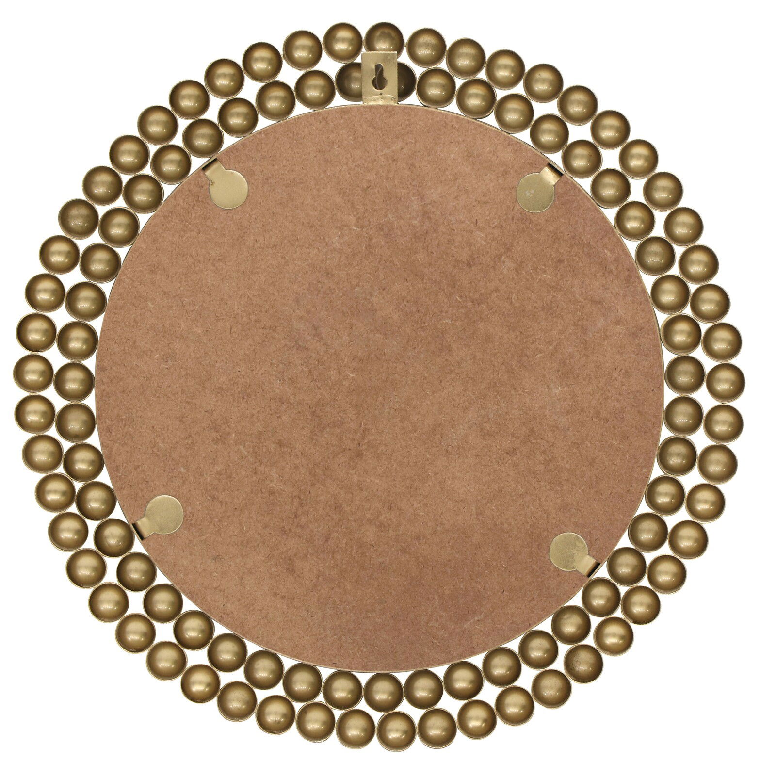 Rückansicht eines runden Spiegels mit dekorativem goldfarbenem Rand aus Kugeln.