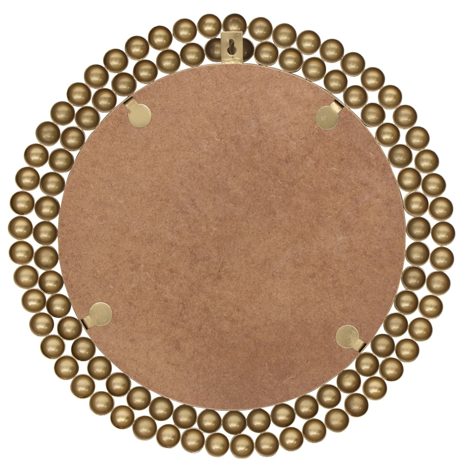 Achterkant van een ronde spiegel met een decoratieve goudkleurige rand van bolletjes.