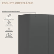 Dunkelgrauer Schrank mit melaminharzbeschichteter, robuster Oberfläche; Infografik zeigt kratzfest, stoßfeste Kante, wasserabweisend und leicht zu reinigen, dargestellt in schräger Frontansicht.