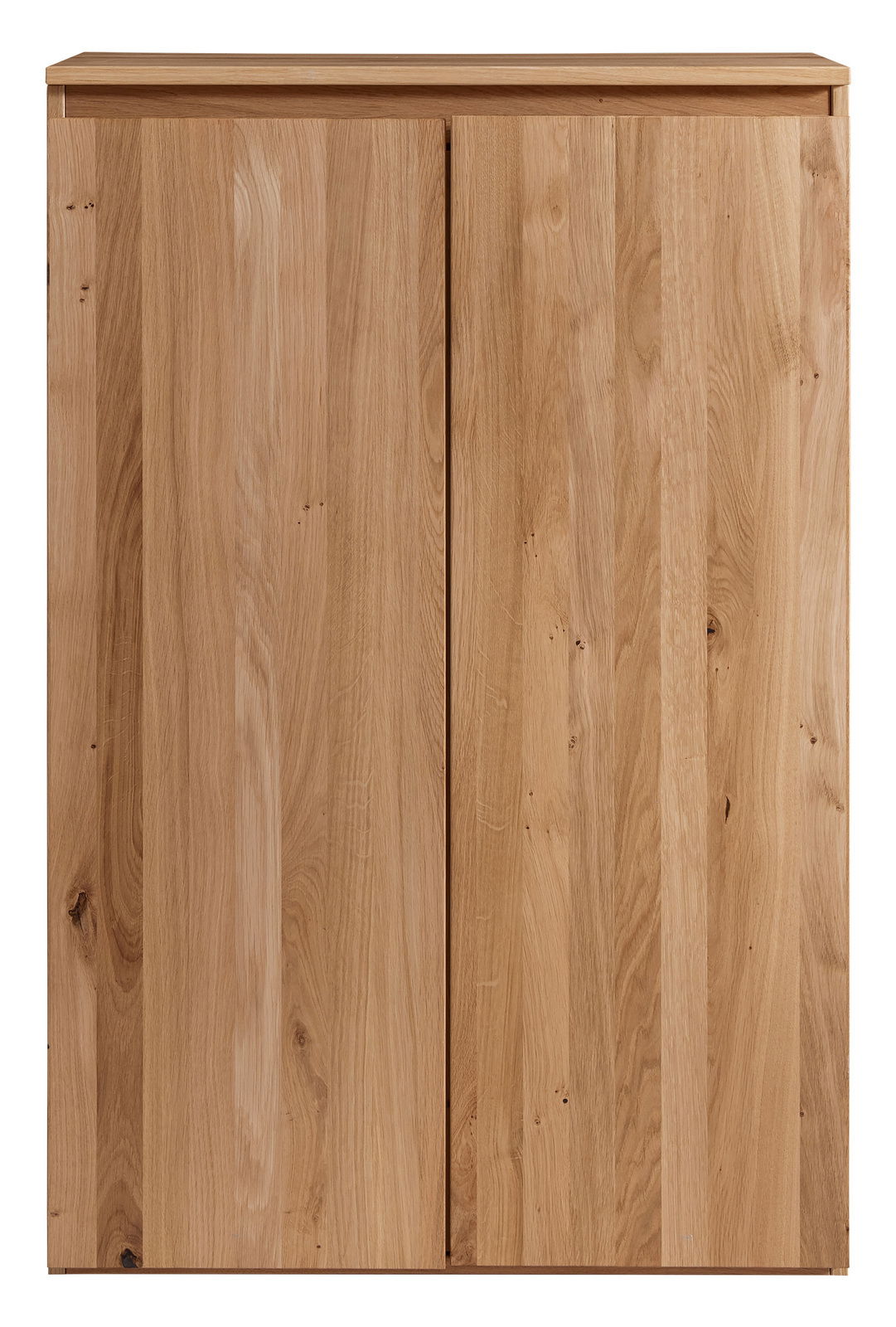 Frontansicht eines Highboards aus hellem Holz mit zwei Türen.