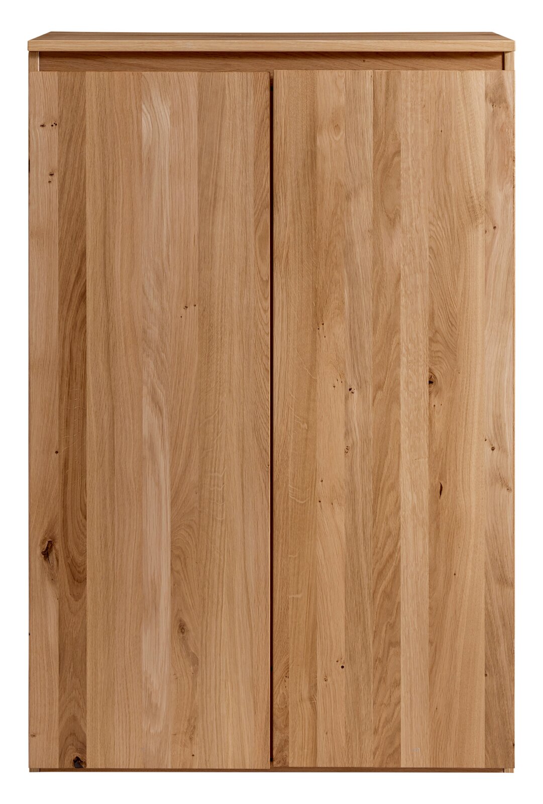 Vooraanzicht van een hoogkast van licht hout met twee deuren.