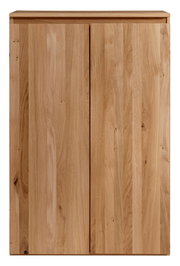 Vooraanzicht van een hoogkast van licht hout met twee deuren.