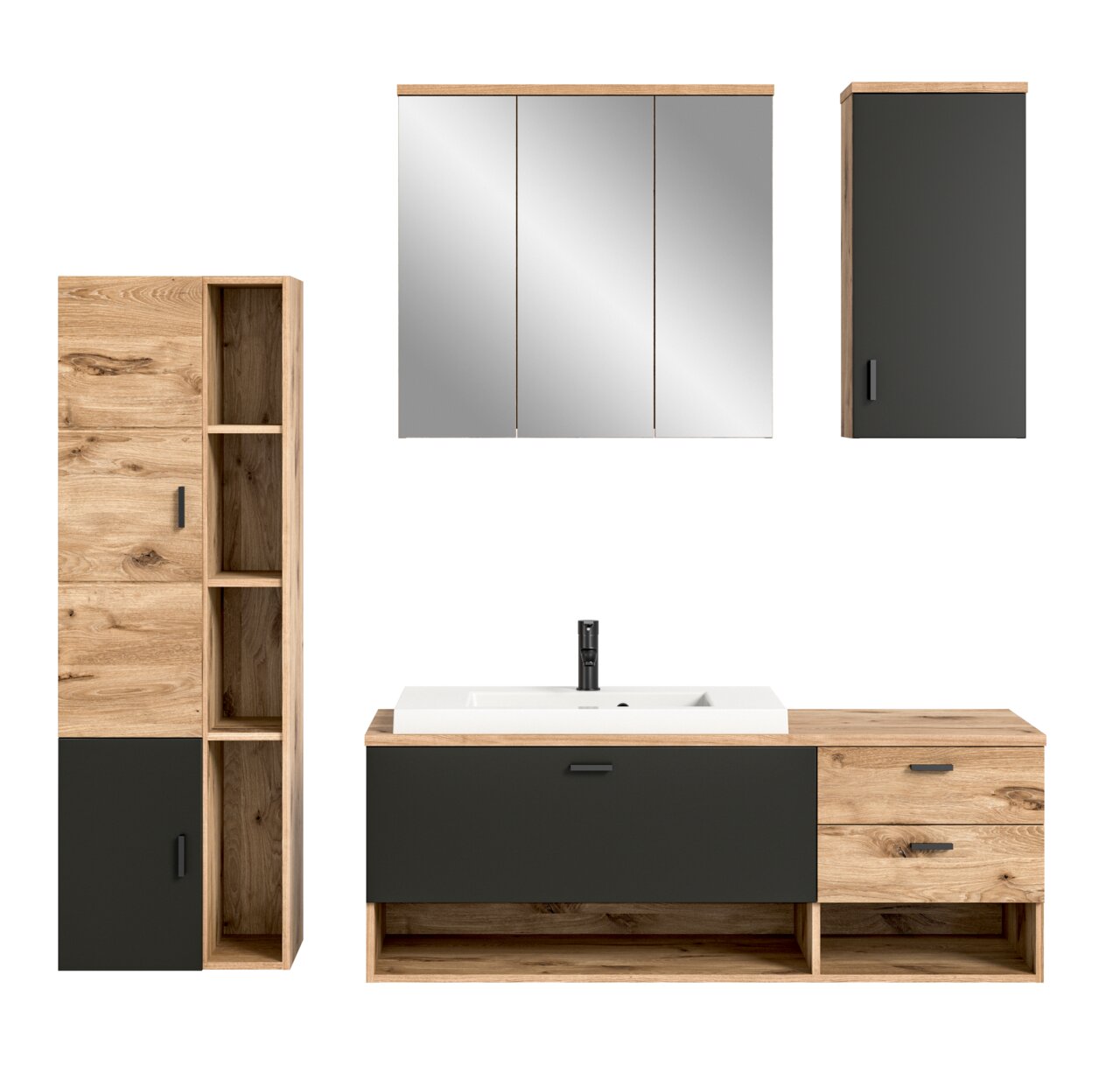 Moderne Badkombination in Holzoptik mit grauen Akzenten, bestehend aus einem Waschbeckenunterschrank, einem hohen Schrank, einem Spiegelschrank und einem Hängeschrank. Frontalansicht.