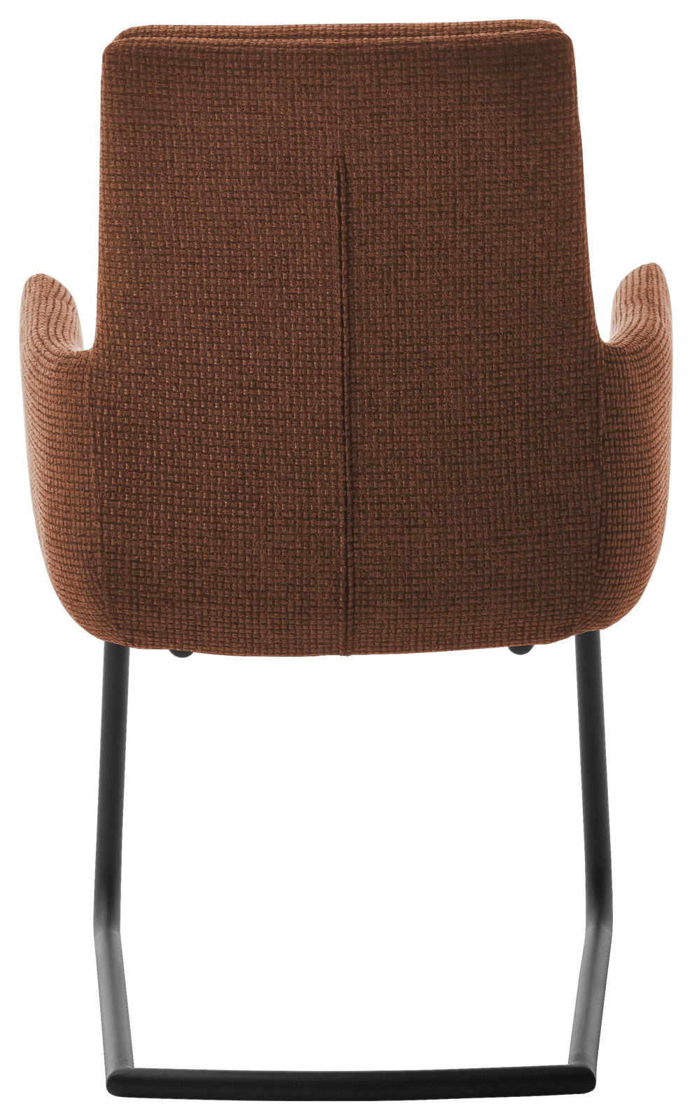 Rückansicht eines braunen Freischwinger-Sessels mit schwarzem Metallgestell.