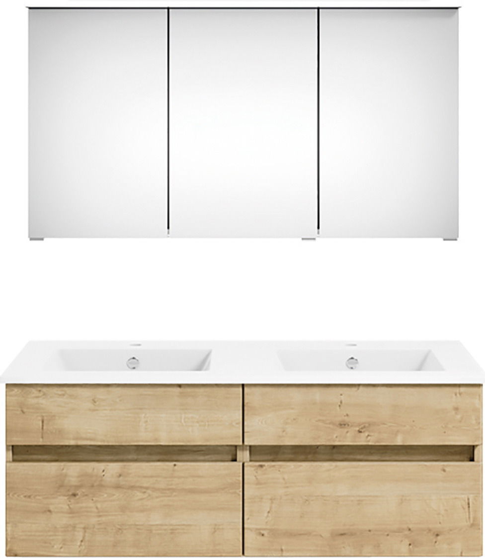 Frontale Ansicht einer modernen Badkombination mit Doppelwaschbecken und Holzoptik-Unterschrank sowie einem dreiteiligen Spiegelschrank.