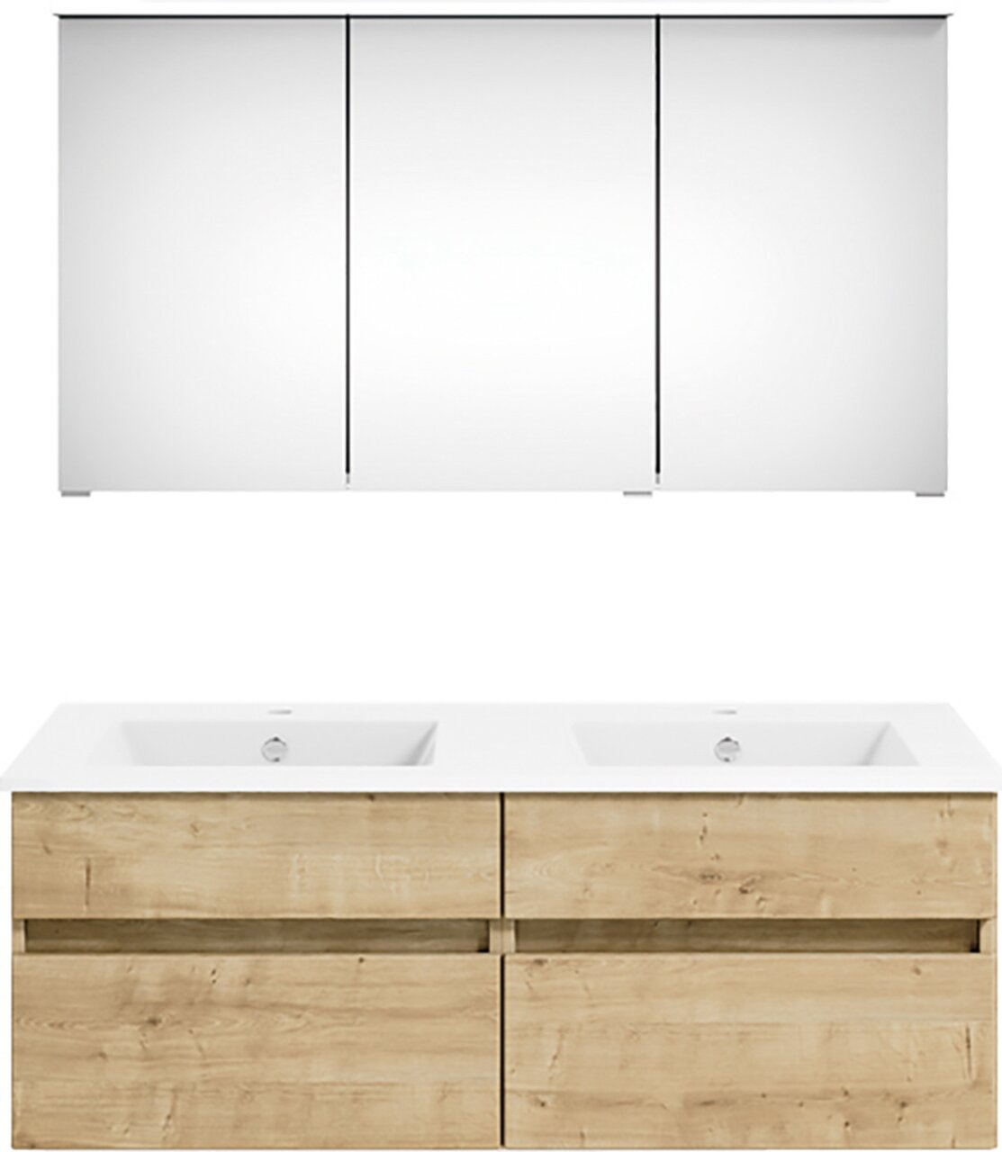 Frontale Ansicht einer modernen Badkombination mit Doppelwaschbecken und Holzoptik-Unterschrank sowie einem dreiteiligen Spiegelschrank.
